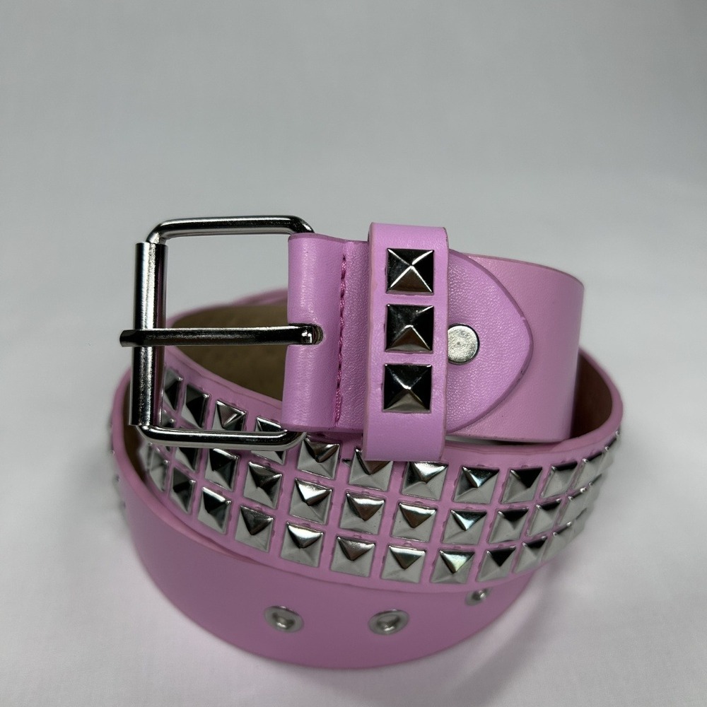 Pink Faux Leather Studded Belt 3 Row Silver Pyramid Studs Punk Emo NWOT - Picture 5 of 7